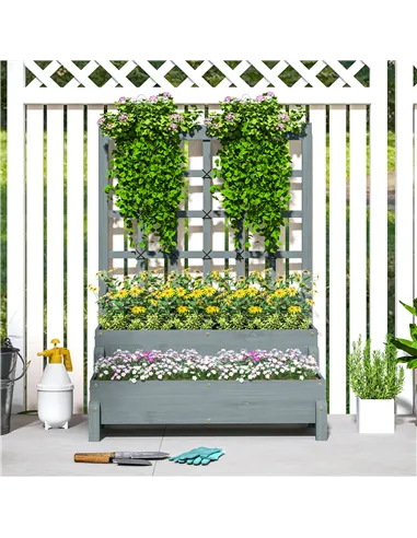 Outsunny 2-Tier Raised Garden Bed with Trellis, Wooden Elevated Planter Box with Drainage Holes, Outdoor Raised Planter for Clim