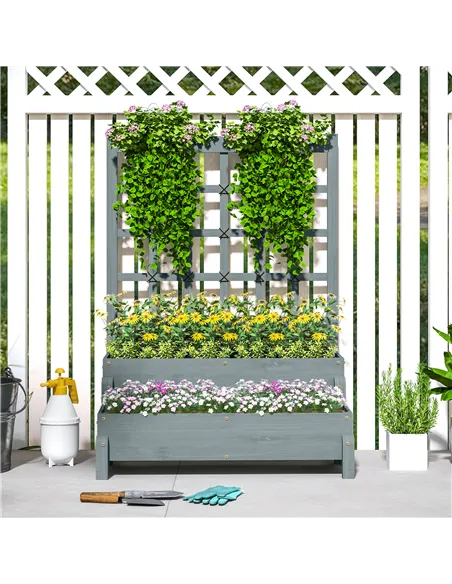 Outsunny 2-Tier Raised Garden Bed with Trellis, Wooden Elevated Planter Box with Drainage Holes, Outdoor Raised Planter for Clim