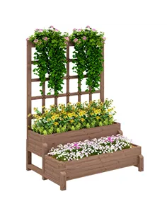 Outsunny 2-Tier Raised Garden Bed with Trellis, Wooden Elevated Planter Box with Drainage Holes, Outdoor Raised Planter for Clim