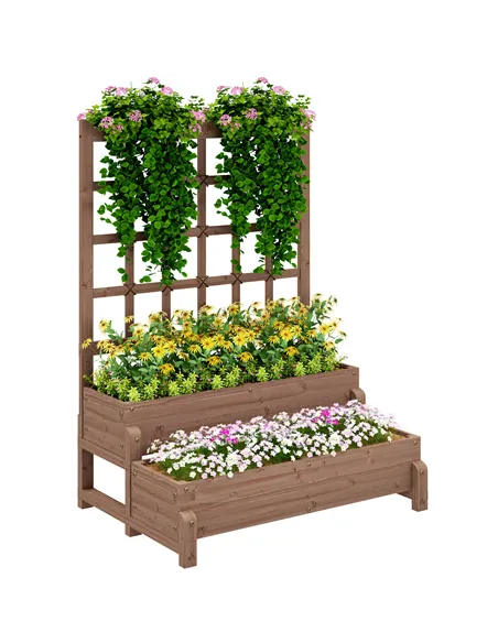 Outsunny 2-Tier Raised Garden Bed with Trellis, Wooden Elevated Planter Box with Drainage Holes, Outdoor Raised Planter for Clim