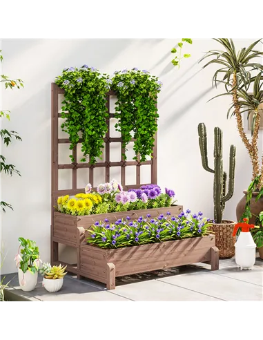 Outsunny 2-Tier Raised Garden Bed with Trellis, Wooden Elevated Planter Box with Drainage Holes, Outdoor Raised Planter for Clim