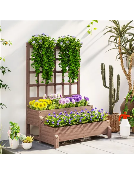 Outsunny 2-Tier Raised Garden Bed with Trellis, Wooden Elevated Planter Box with Drainage Holes, Outdoor Raised Planter for Clim