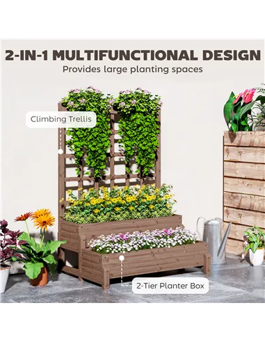 Outsunny 2-Tier Raised Garden Bed with Trellis, Wooden Elevated Planter Box with Drainage Holes, Outdoor Raised Planter for Clim