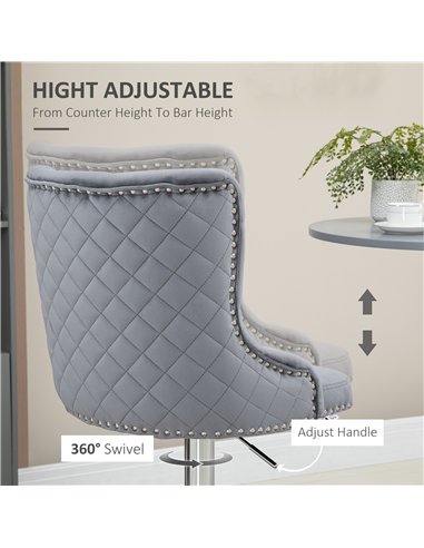 HOMCOM Bar Stools Set of 2, Modern Swivel & Adjustable Velvet Barstools with Button Tufted Back, Footrest, Nailhead Trim for Hom