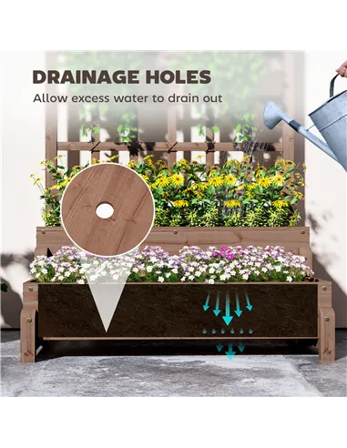 Outsunny 2-Tier Raised Garden Bed with Trellis, Wooden Elevated Planter Box with Drainage Holes, Outdoor Raised Planter for Clim
