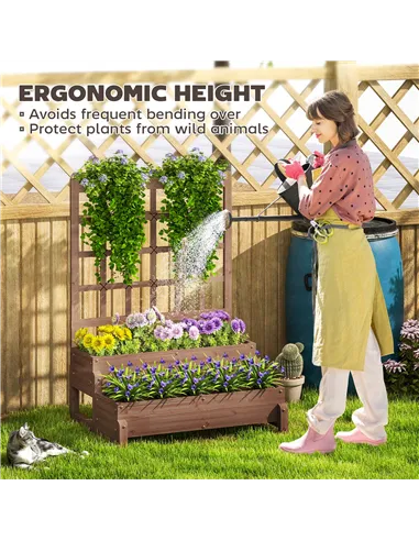 Outsunny 2-Tier Raised Garden Bed with Trellis, Wooden Elevated Planter Box with Drainage Holes, Outdoor Raised Planter for Clim
