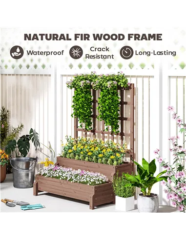 Outsunny 2-Tier Raised Garden Bed with Trellis, Wooden Elevated Planter Box with Drainage Holes, Outdoor Raised Planter for Clim