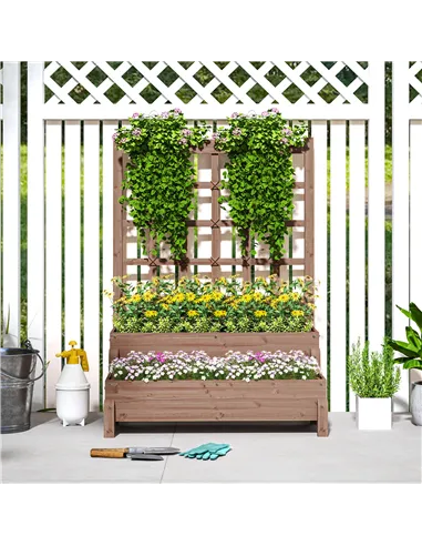 Outsunny 2-Tier Raised Garden Bed with Trellis, Wooden Elevated Planter Box with Drainage Holes, Outdoor Raised Planter for Clim