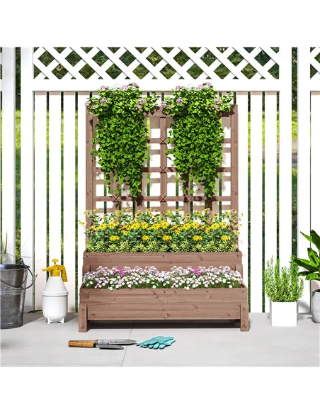 Outsunny 2-Tier Raised Garden Bed with Trellis, Wooden Elevated Planter Box with Drainage Holes, Outdoor Raised Planter for Clim