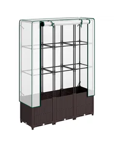 Outsunny Raised Garden Bed with Trellis, Plastic Planter Box with PE Cover, Drainage Holes, Drain Plugs and Water Reservoirs for