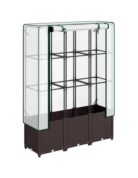 Outsunny Raised Garden Bed with Trellis, Plastic Planter Box with PE Cover, Drainage Holes, Drain Plugs and Water Reservoirs for