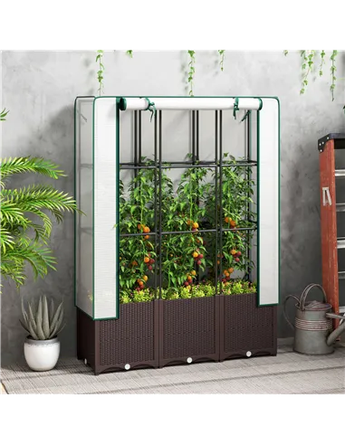 Outsunny Raised Garden Bed with Trellis, Plastic Planter Box with PE Cover, Drainage Holes, Drain Plugs and Water Reservoirs for