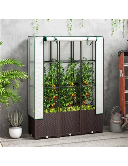 Outsunny Raised Garden Bed with Trellis, Plastic Planter Box with PE Cover, Drainage Holes, Drain Plugs and Water Reservoirs for