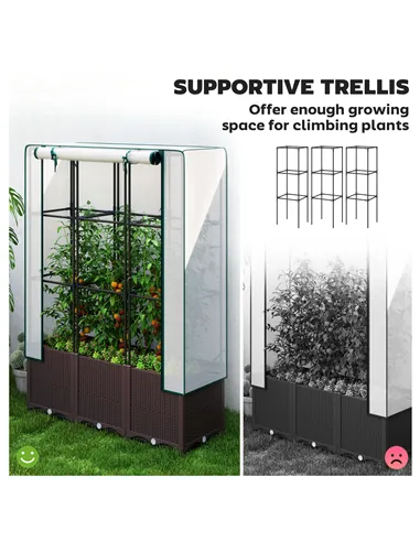 Outsunny Raised Garden Bed with Trellis, Plastic Planter Box with PE Cover, Drainage Holes, Drain Plugs and Water Reservoirs for