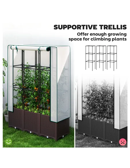 Outsunny Raised Garden Bed with Trellis, Plastic Planter Box with PE Cover, Drainage Holes, Drain Plugs and Water Reservoirs for