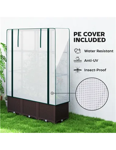 Outsunny Raised Garden Bed with Trellis, Plastic Planter Box with PE Cover, Drainage Holes, Drain Plugs and Water Reservoirs for