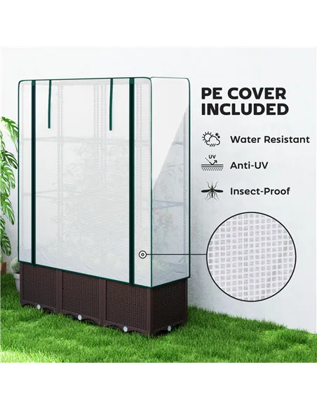 Outsunny Raised Garden Bed with Trellis, Plastic Planter Box with PE Cover, Drainage Holes, Drain Plugs and Water Reservoirs for