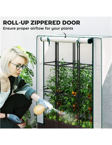 Outsunny Raised Garden Bed with Trellis, Plastic Planter Box with PE Cover, Drainage Holes, Drain Plugs and Water Reservoirs for