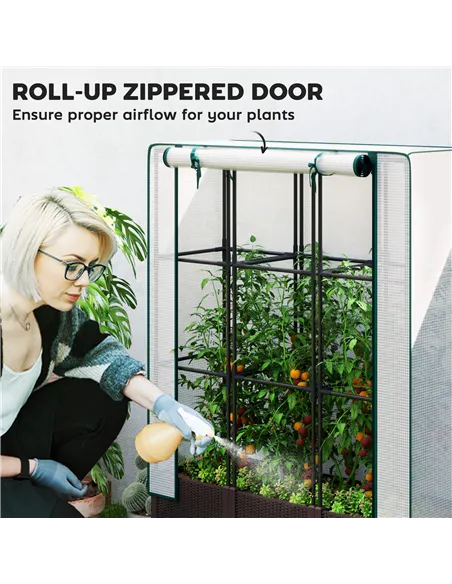 Outsunny Raised Garden Bed with Trellis, Plastic Planter Box with PE Cover, Drainage Holes, Drain Plugs and Water Reservoirs for