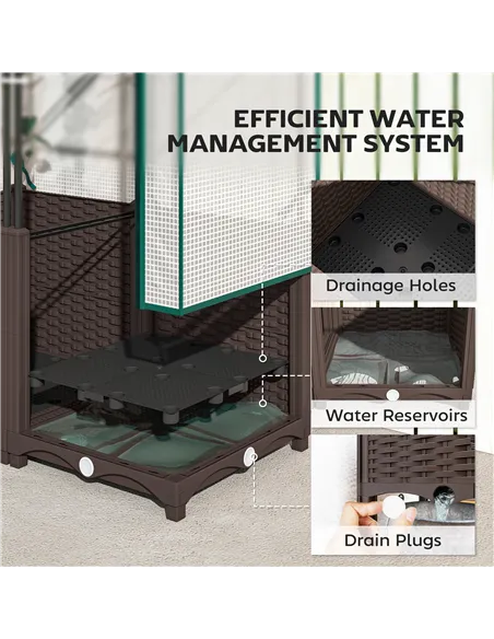 Outsunny Raised Garden Bed with Trellis, Plastic Planter Box with PE Cover, Drainage Holes, Drain Plugs and Water Reservoirs for