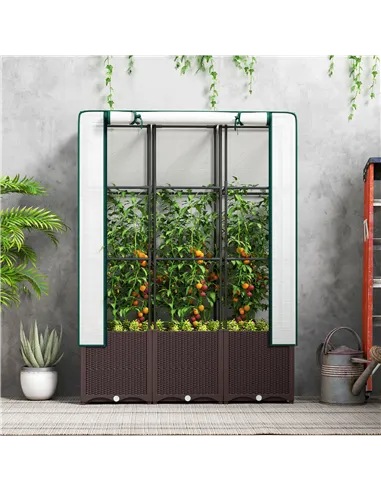 Outsunny Raised Garden Bed with Trellis, Plastic Planter Box with PE Cover, Drainage Holes, Drain Plugs and Water Reservoirs for