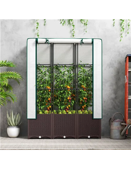 Outsunny Raised Garden Bed with Trellis, Plastic Planter Box with PE Cover, Drainage Holes, Drain Plugs and Water Reservoirs for