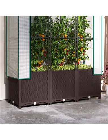 Outsunny Raised Garden Bed with Trellis, Plastic Planter Box with PE Cover, Drainage Holes, Drain Plugs and Water Reservoirs for