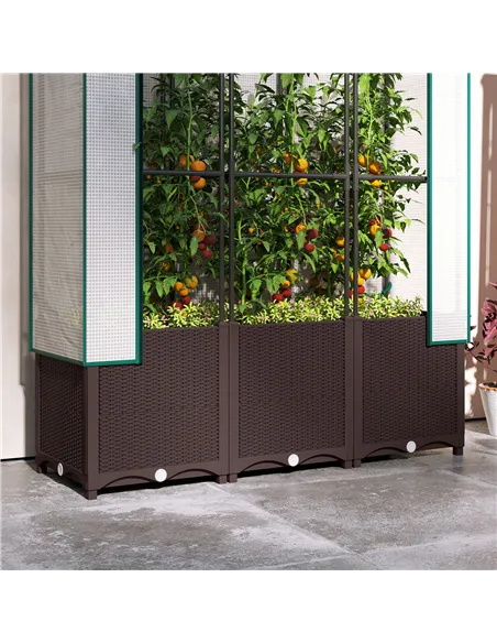 Outsunny Raised Garden Bed with Trellis, Plastic Planter Box with PE Cover, Drainage Holes, Drain Plugs and Water Reservoirs for