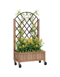 Outsunny Wooden Planter, with Metal Trellis - Brown/Black