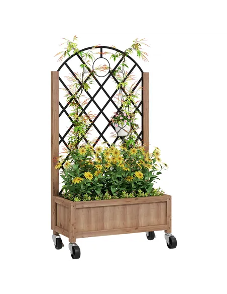 Outsunny Wooden Planter, with Metal Trellis - Brown/Black