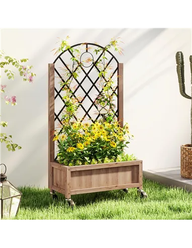 Outsunny Wooden Planter, with Metal Trellis - Brown/Black