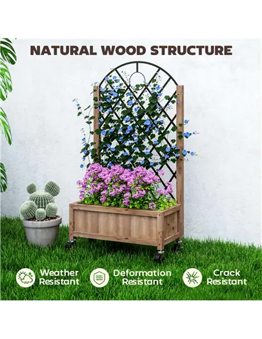 Outsunny Wooden Planter, with Metal Trellis - Brown/Black