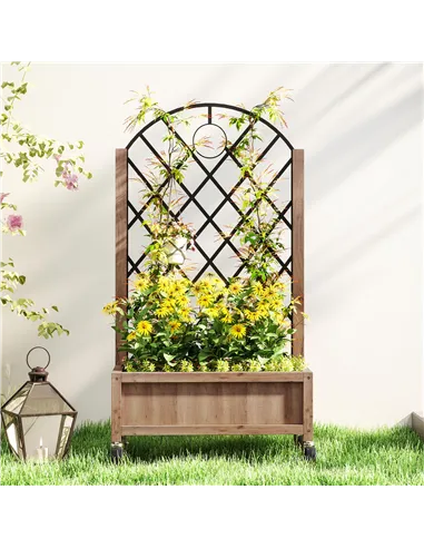 Outsunny Wooden Planter, with Metal Trellis - Brown/Black