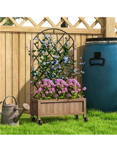 Outsunny Wooden Planter, with Metal Trellis - Brown/Black