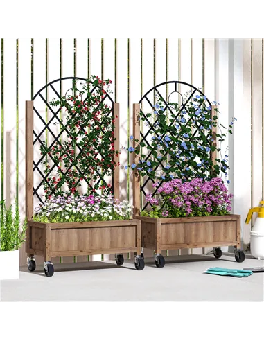 Outsunny Wooden Planter, with Metal Trellis - Brown/Black