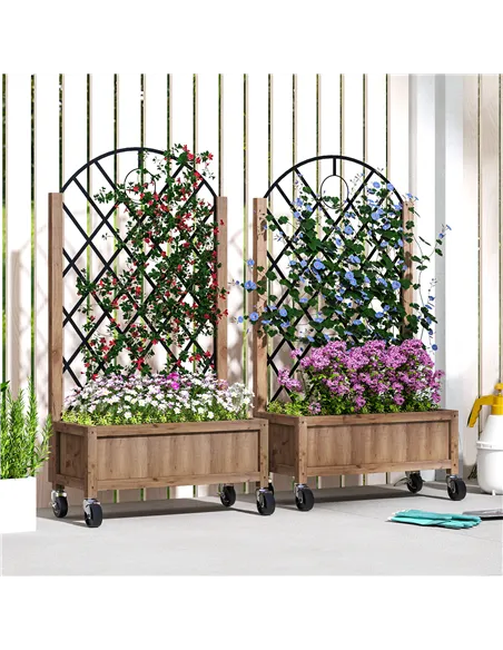 Outsunny Wooden Planter, with Metal Trellis - Brown/Black