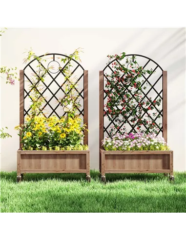 Outsunny Wooden Planter, with Metal Trellis - Brown/Black