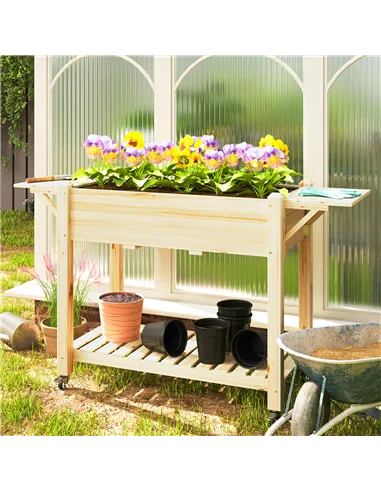 Outsunny 46 x 94cm Wooden Raised Planter, with Shelves - Natural Finish