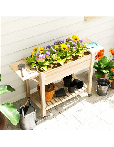 Outsunny 46 x 94cm Wooden Raised Planter, with Shelves - Natural Finish