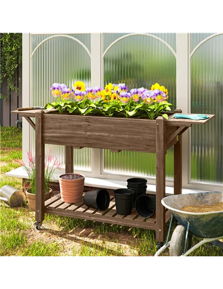 Outsunny 46 x 94cm Wooden Raised Planter, with Shelves - Carbonised