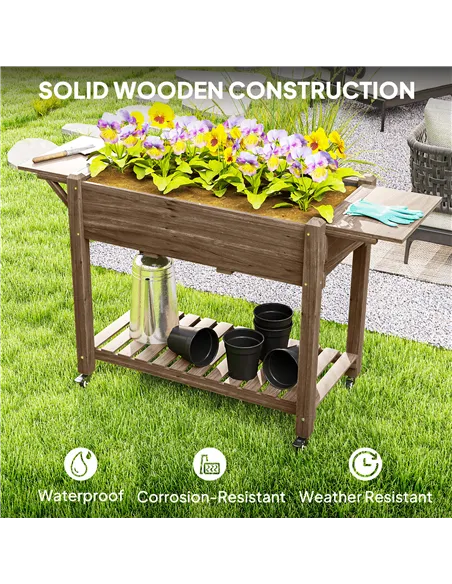 Outsunny 46 x 94cm Wooden Raised Planter, with Shelves - Carbonised