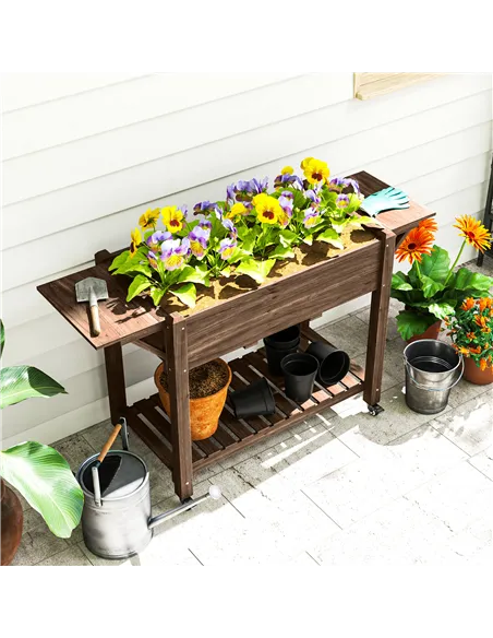 Outsunny 46 x 94cm Wooden Raised Planter, with Shelves - Carbonised