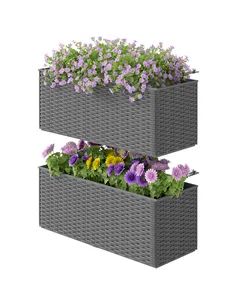 Outsunny Set of Two Rattan-Effect Planters - Grey