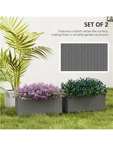 Outsunny Set of Two Rattan-Effect Planters - Grey