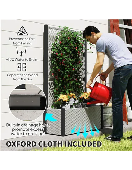 Outsunny Garden Planter Box with Trellis, Liner for Climbing Plants, Vegetables, Flowers, 90 x 35 x 148 cm, Mixed-grey