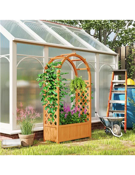 Outsunny Wooden Raised Garden Bed with Trellis, Liner, Drainage Holes, for Vine Climbing Plants, Flowers, 83 x 36 x 145 cm