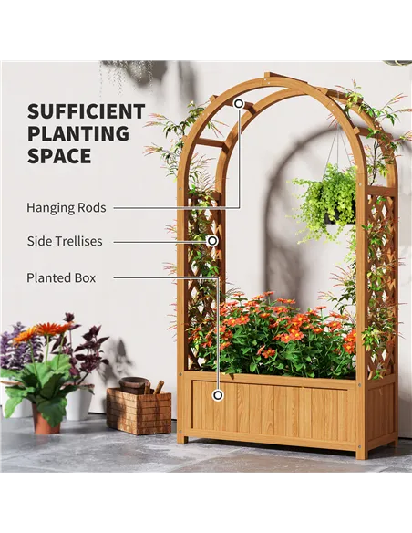 Outsunny Wooden Raised Garden Bed with Trellis, Liner, Drainage Holes, for Vine Climbing Plants, Flowers, 83 x 36 x 145 cm