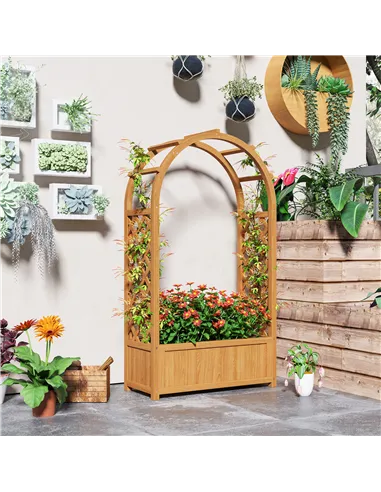Outsunny Wooden Raised Garden Bed with Trellis, Liner, Drainage Holes, for Vine Climbing Plants, Flowers, 83 x 36 x 145 cm