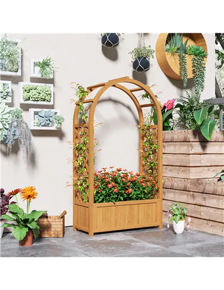 Outsunny Wooden Raised Garden Bed with Trellis, Liner, Drainage Holes, for Vine Climbing Plants, Flowers, 83 x 36 x 145 cm