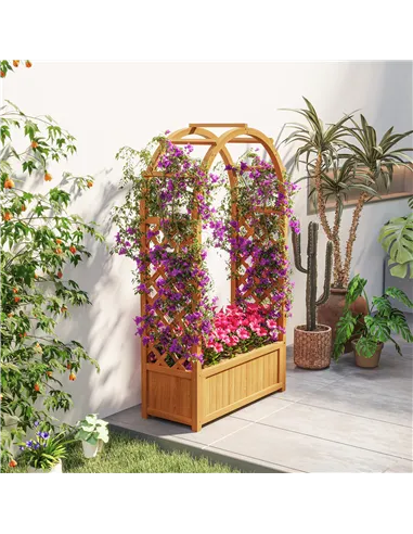 Outsunny Wooden Raised Garden Bed with Trellis, Liner, Drainage Holes, for Vine Climbing Plants, Flowers, 83 x 36 x 145 cm